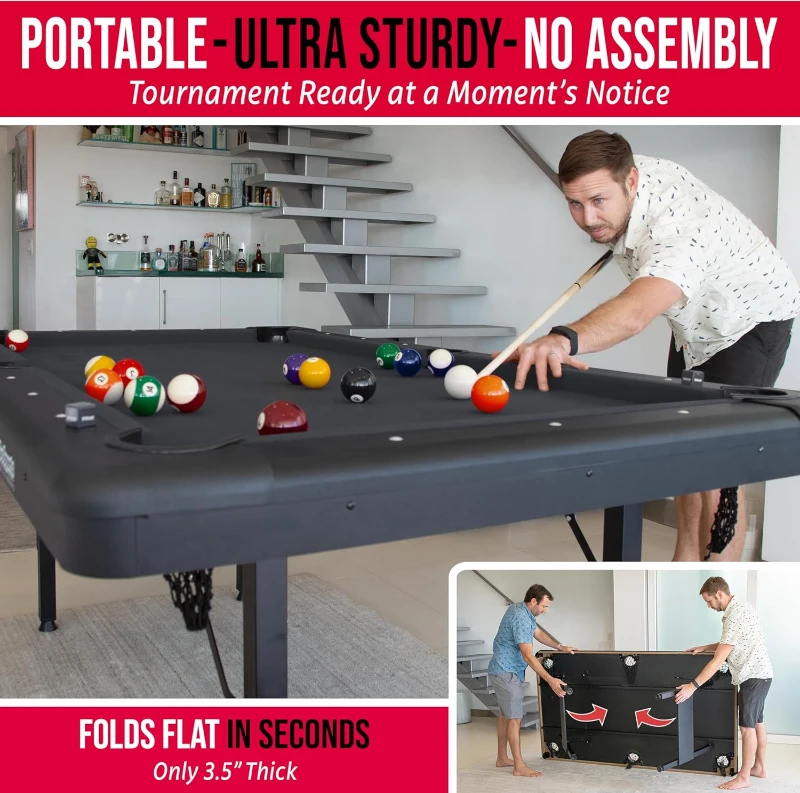 GoSports Compact Billiards Table — 6, 7, or 8 ft Choices — No-Assembly Portable Pool Table with Accessories Included (Balls, 2 Cues, Chalk & Felt Brush)