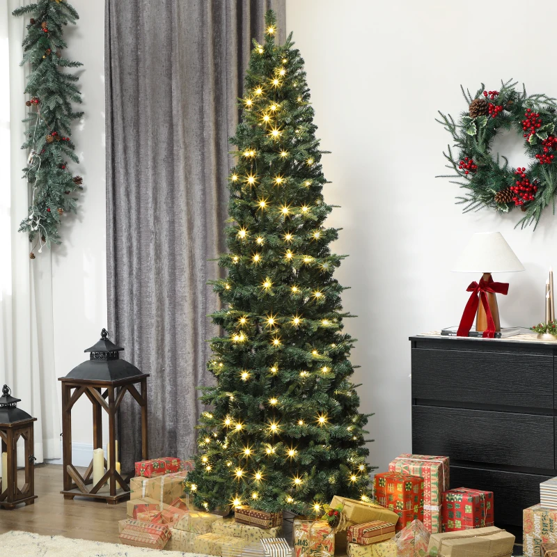 HOMCOM 7 ft Prelit Pop Up Christmas Tree, Collapsible Artificial Xmas Tree with Metal Stand for Holiday Decor, Green