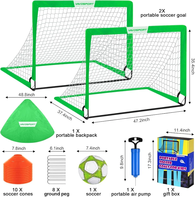 VAVOSPORT 2-Pack 4'x3' Portable Kids Soccer Goal Set — Foldable Training Nets with Ball, Pump, Cones & Carry Bag