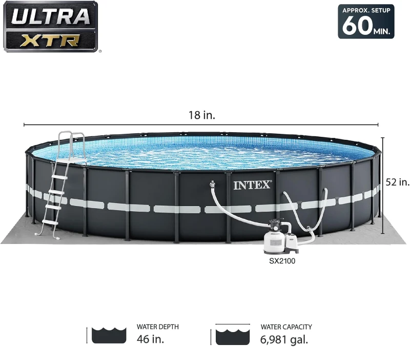 INTEX 26329EH Ultra XTR Deluxe Above-Ground Pool Set, 18 ft x 52 in — Includes 2100 GPH Krystal Clear Sand Filter Pump, Puncture-Resistant & Rust-Resistant, Easy Assembly