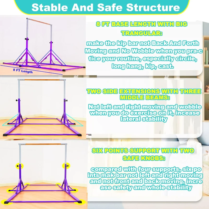 Marfula Foldable Gymnastics Kip Bar for Kids & Teens (Ages 3-25) - 5Ft/8Ft Base, 4Ft Width, 5Ft Adjustable Height - Professional Training Equipment for Home & Club