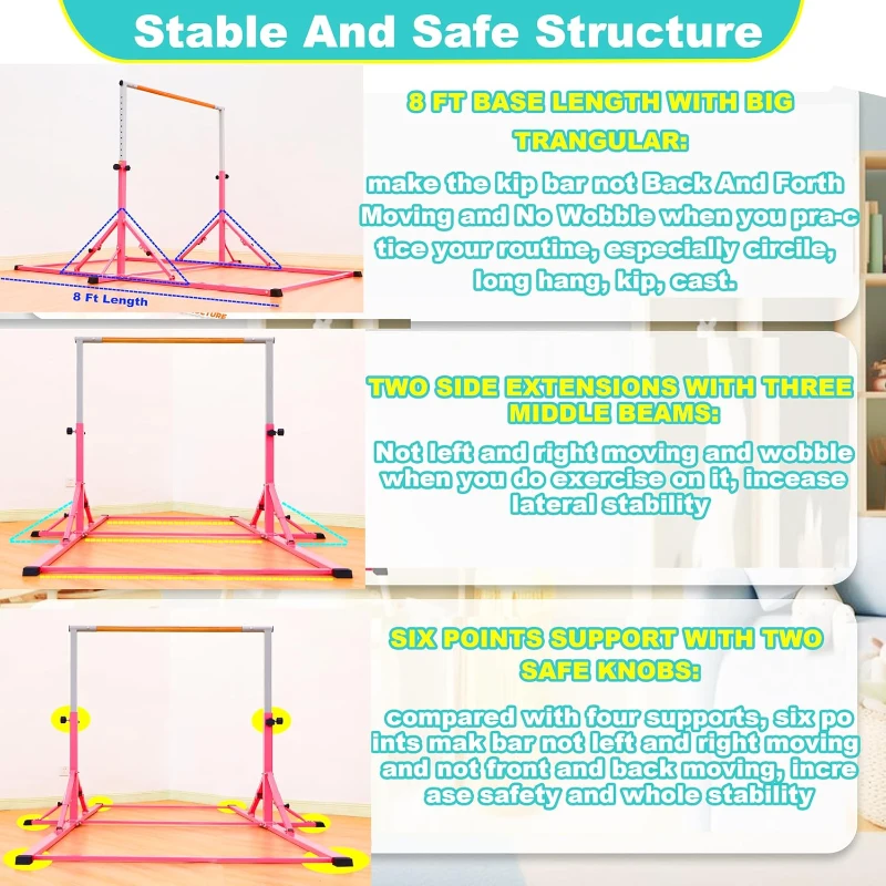 Marfula Foldable Gymnastics Kip Bar for Kids & Teens (Ages 3-20) - 5Ft/8Ft Base, 4Ft Width, 5Ft Adjustable Height - Professional Home & Club Training Equipment