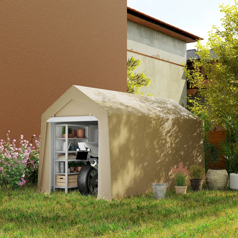 Outsunny 7' x 12' Outdoor Storage Shed Portable Garage with Roll-up Door for Motorcycle, Bike, Garden Tools, Beige