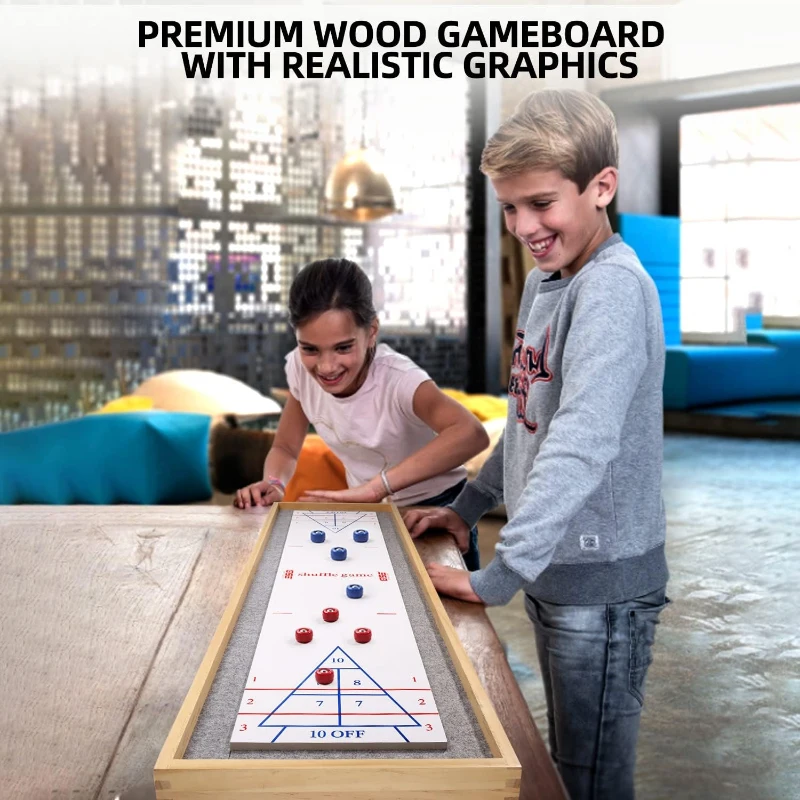 GSE Games & Sports Expert 2-in-1 Solid Pine Tabletop Shuffleboard & Curling Set — 48"" x 13.5"" with 8 Rolling Pucks