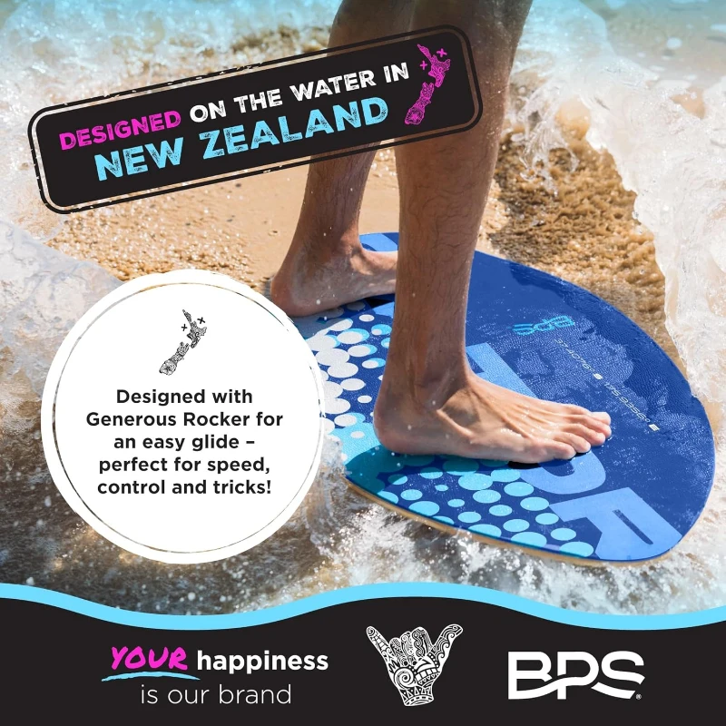 BPS New Zealand 'Gator' Wooden Skimboard with Colored EVA Traction Pad and High-Gloss Clear Coat – For Kids & Adults, Choice of 3 Sizes and Pad Colors