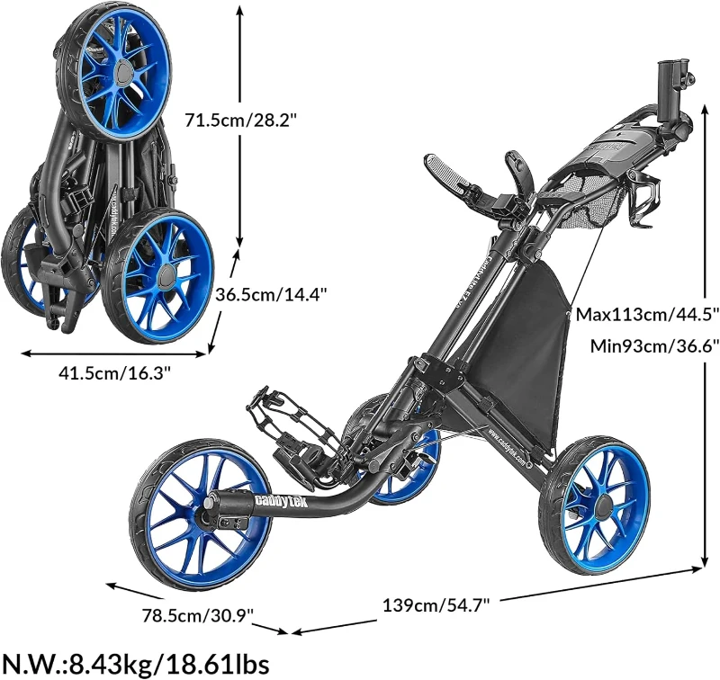 Caddytek CaddyLite EZ V8 Lightweight 3-Wheel Foldable Golf Push Cart – One-Click Two-Step Fold, EVA Wheels, Adjustable TPR Handle, Cooler Basket, Umbrella & Drink Holders, Compact Golf Trolley