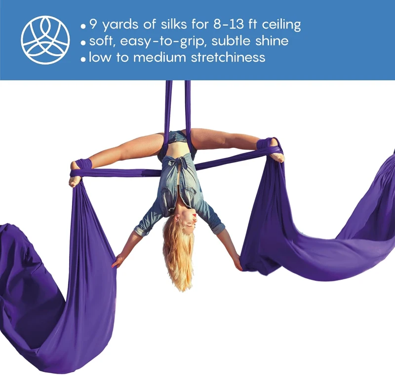 Complete Aerial Silks Starter Set – 9 Yards Tricot Fabric with Rigging Pack & Instructions for Acrobatic and Therapeutic Aerial Practice (Up to 13 ft Rigging)