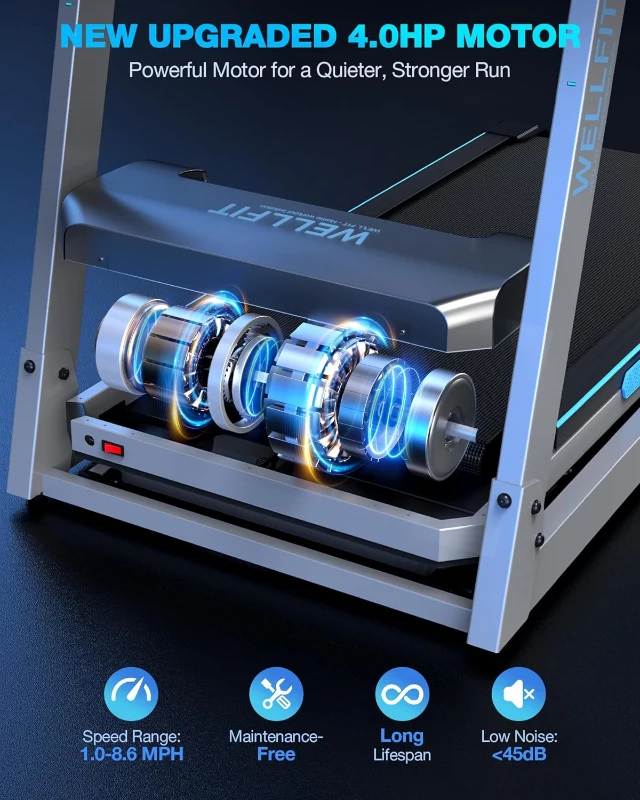 WELLFIT Auto-Incline Folding Treadmill with Handlebar, 4.0 HP Motor and 400 lb Capacity, 0–15% Auto Incline Quiet Under-Desk Design with Bluetooth & App Sync