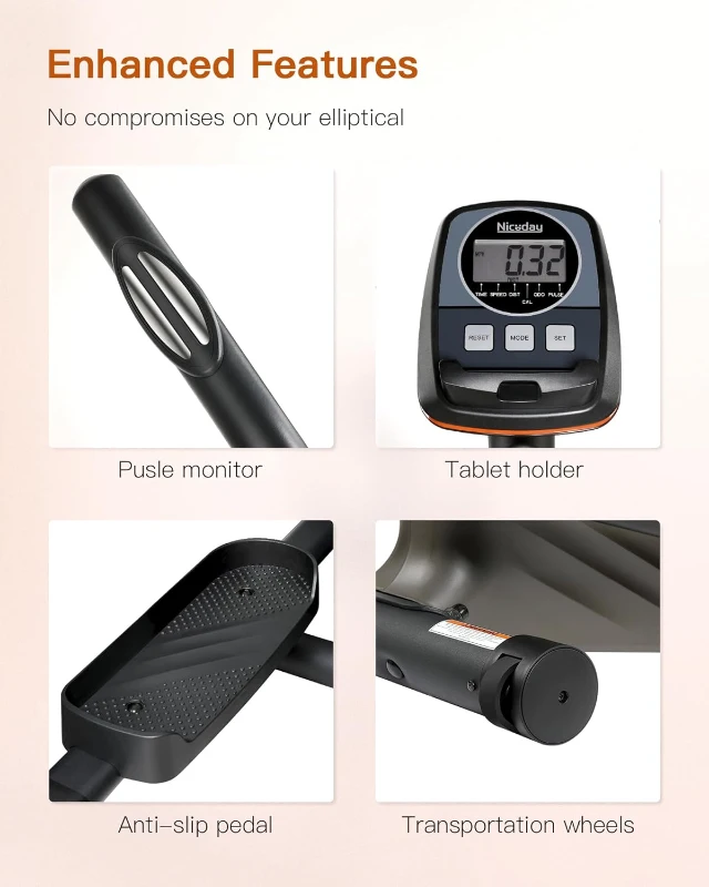 Niceday Magnetic Elliptical Trainer - 15.5in Stride Home Elliptical with 16 Resistance Levels, 400 lb Capacity, Kinomap Compatible