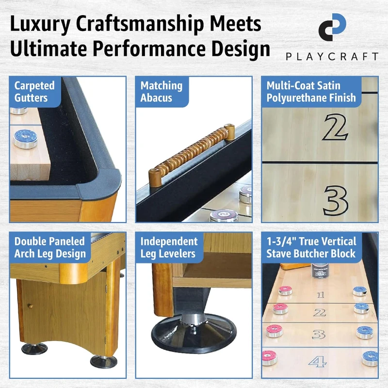 Playcraft Woodbridge Premium Shuffleboard Table with Cabinet Storage — Game Package with Abacus, 8 Pucks, Brush & USA Wax — Pro Climate Adjustment System