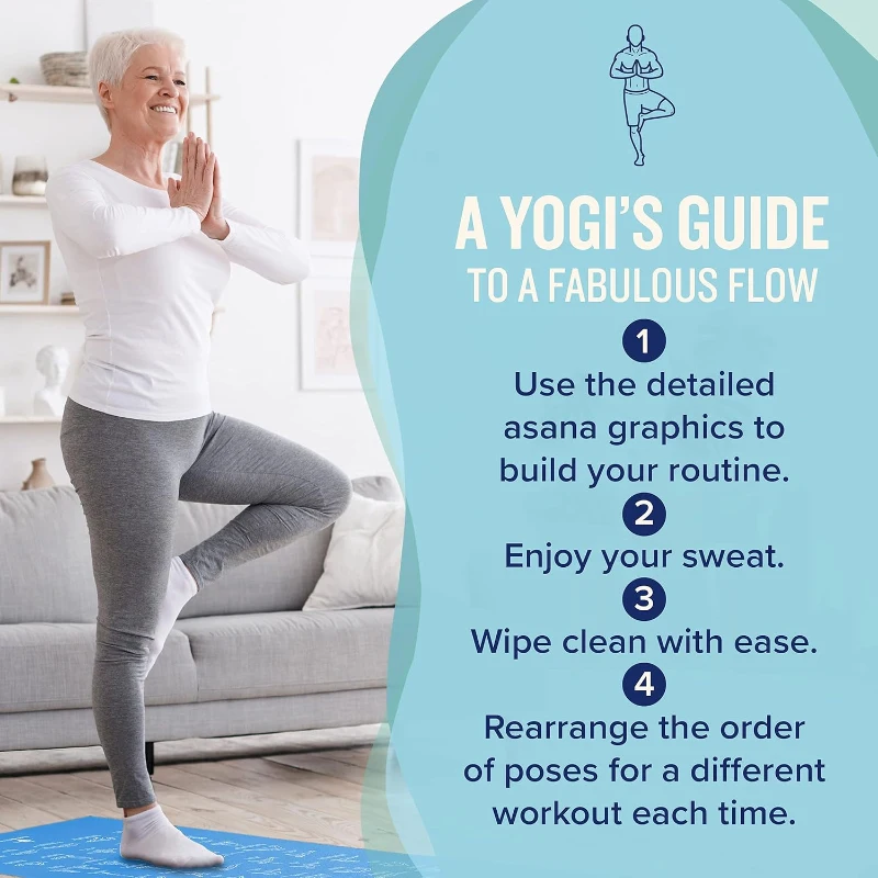 NewMe Fitness Large Yoga Mat for Men & Women – 5mm Thick, 68"" Long Non-Slip Exercise Mat with 70 Printed Poses for Pilates, Workouts and Stretching