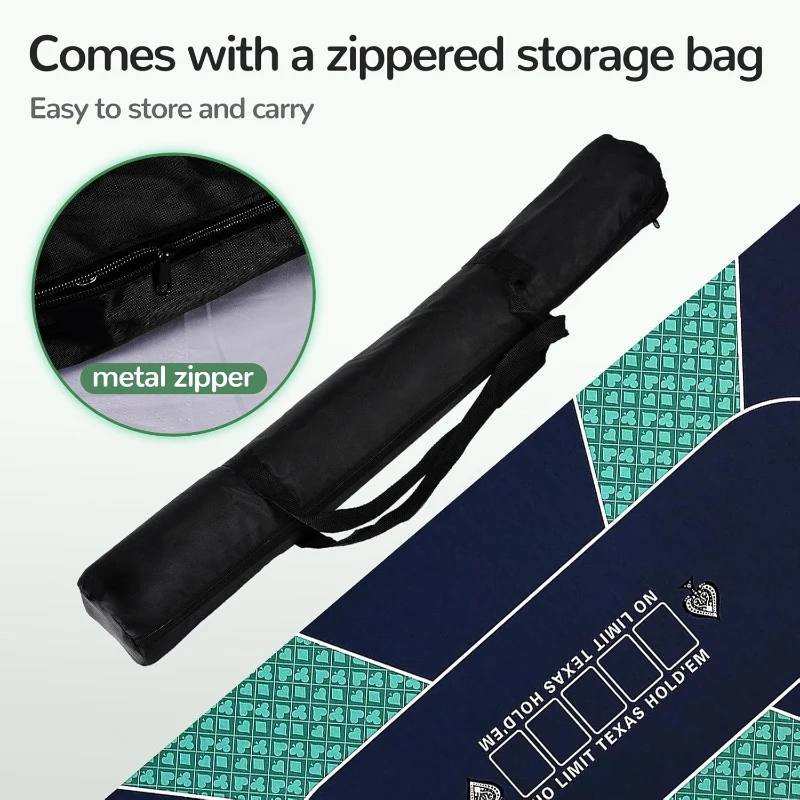 Waterproof Professional Poker Mat 70"" x 35"" - 8-Player Portable Rubber Texas Hold'em Table Top with Metal Zipper Tote for Cards, Blackjack and Casino Games