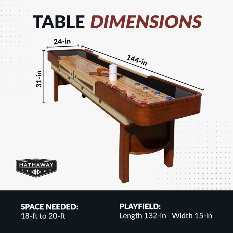 Hathaway Merlot 12-Foot Shuffleboard Table — Walnut Finish, Lacquered 1.75"" Birch Playfield, Built-In Scorer & Cabinet, Climate Adjusters