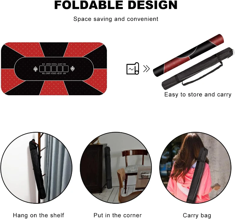 YUZPKRSI 70 x 35 Inch Poker Mat - Rubber Texas Hold'em Table Top for 8 Players, Folding Portable Poker Topper with Carry Bag for Casino-Style Games