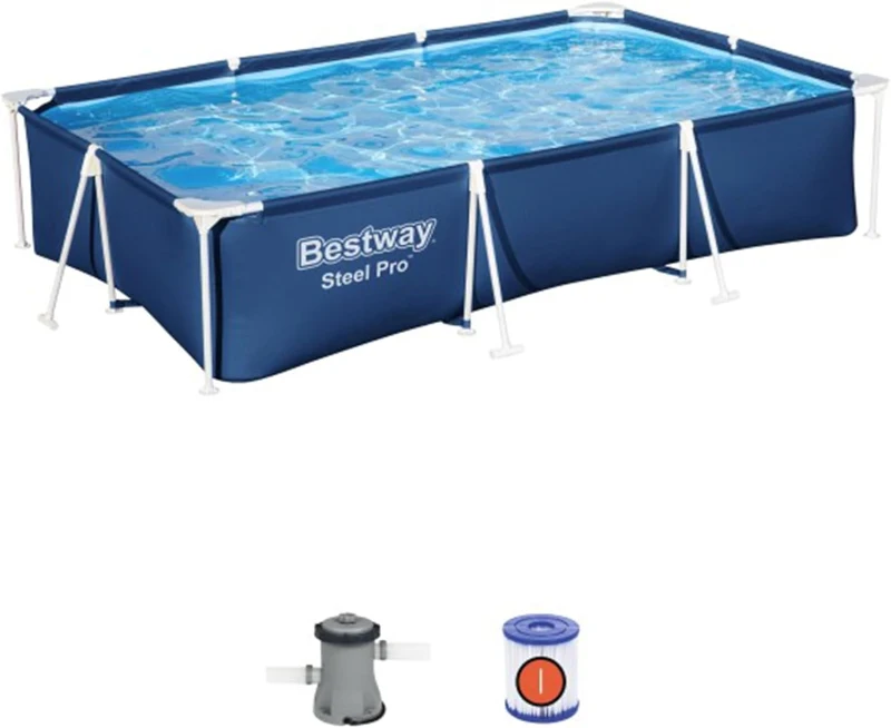 Bestway Steel Pro Rectangular Above-Ground Pool 9'10"" x 6'7"" x 26"" with Flowclear 330 GPH Pump, DuraPlus Liner – 827 Gallon Set