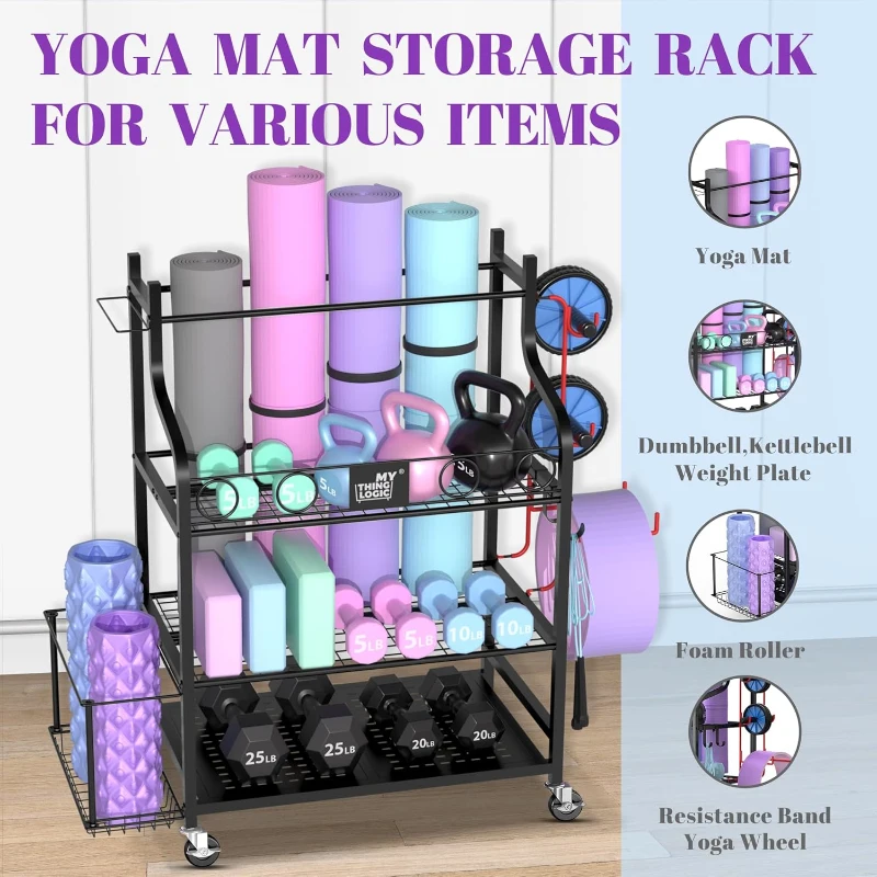 Mythinglogic Home Gym Storage Rack — Yoga Mat & Equipment Organizer with Hooks, Side Basket, 3 Mesh Shelves and Locking Wheels