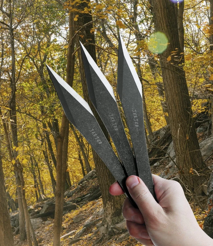 JXE JXO 9.4-inch Stainless Steel No-Spin Throwing Spikes Set with Nylon Belt Sheath – Solid Full-Tang 420HC