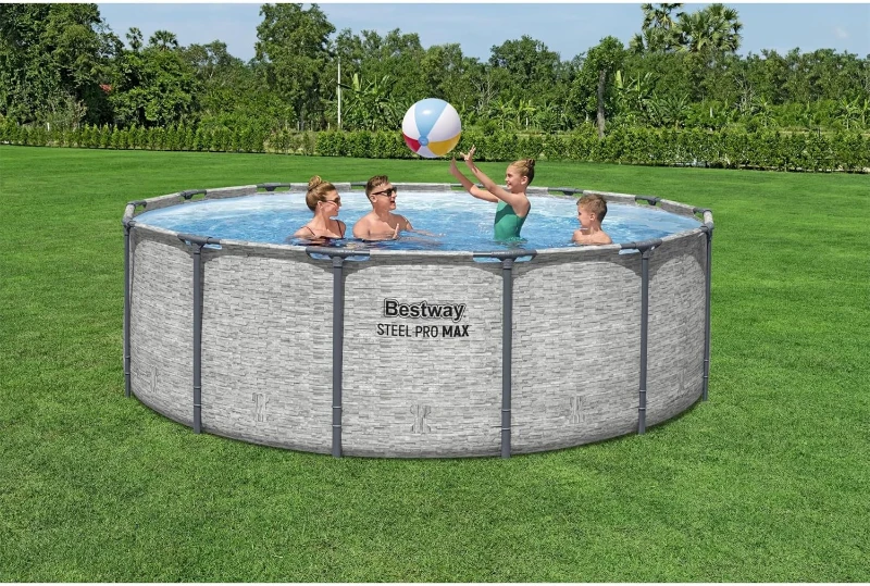 Bestway Steel Pro MAX 14-Foot x 48-Inch Round Above-Ground Pool Set with Metal Frame, Model 58388E Filter Pump, Ladder and Cover, Gray