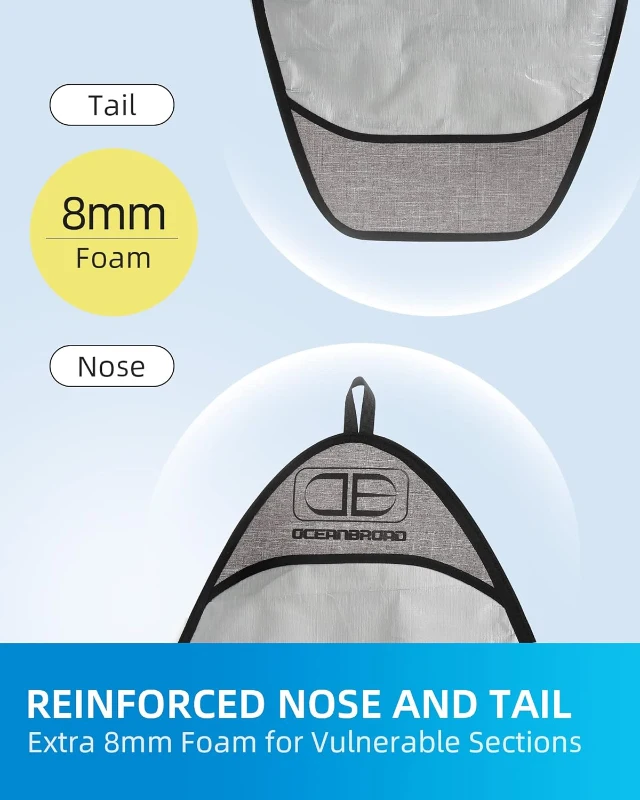 OCEANBROAD Longboard Travel Bag Day Bag 5'0 x 22"" for Boards up to 5'1"" x 23"" - Padded Pointed Nose, Square Tail with Fin Slot