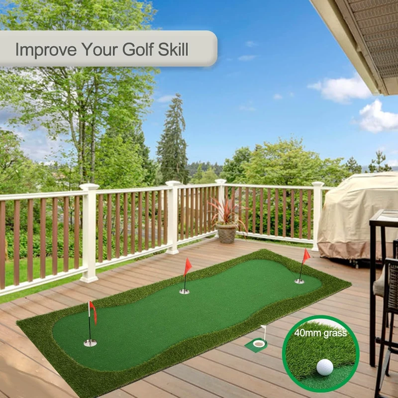 Chriiena Large Golf Putting Green Mat — Professional Indoor & Outdoor Practice Surface with Slope Pad and Movable Cups