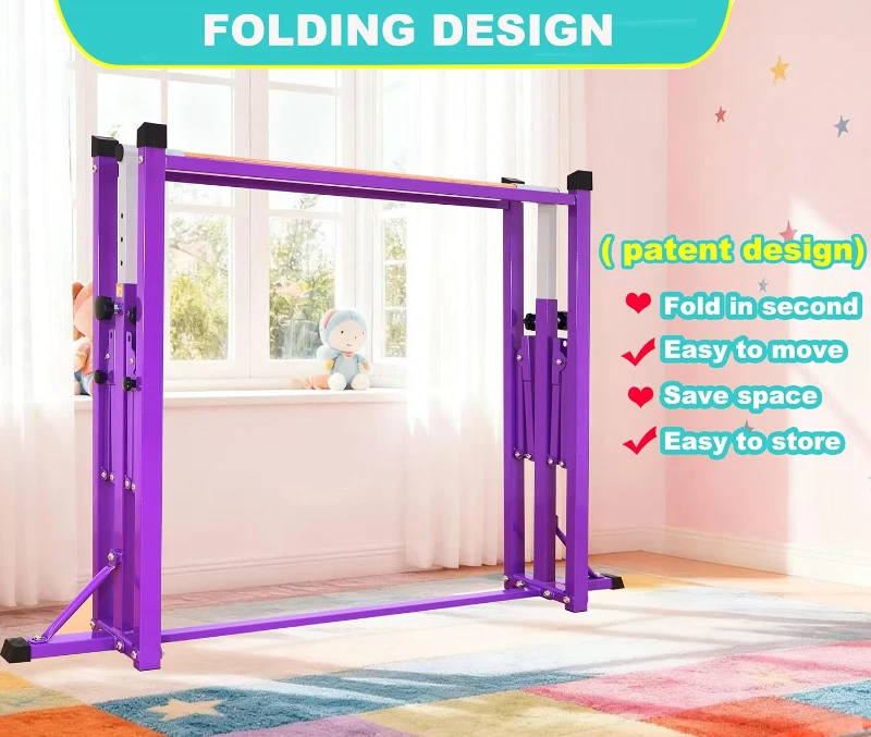 Marfula Foldable Gymnastics Kip Bar for Kids & Teens (Ages 3-25) - 5Ft/8Ft Base, 4Ft Width, 5Ft Adjustable Height - Professional Training Equipment for Home & Club