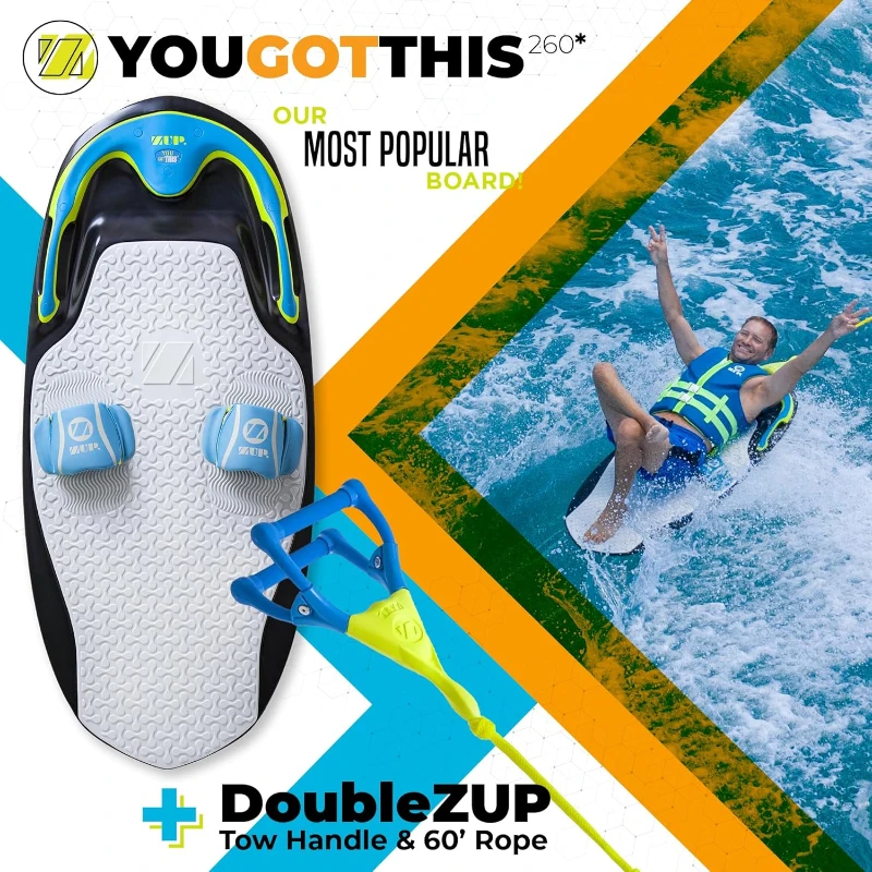 ZUP You Got This 260 — 51.7"" x 23.8"" x 4.6"" Multi-Use Board & Handle Combo with EVA Padding for Wake, Surf, Kneeboarding and More