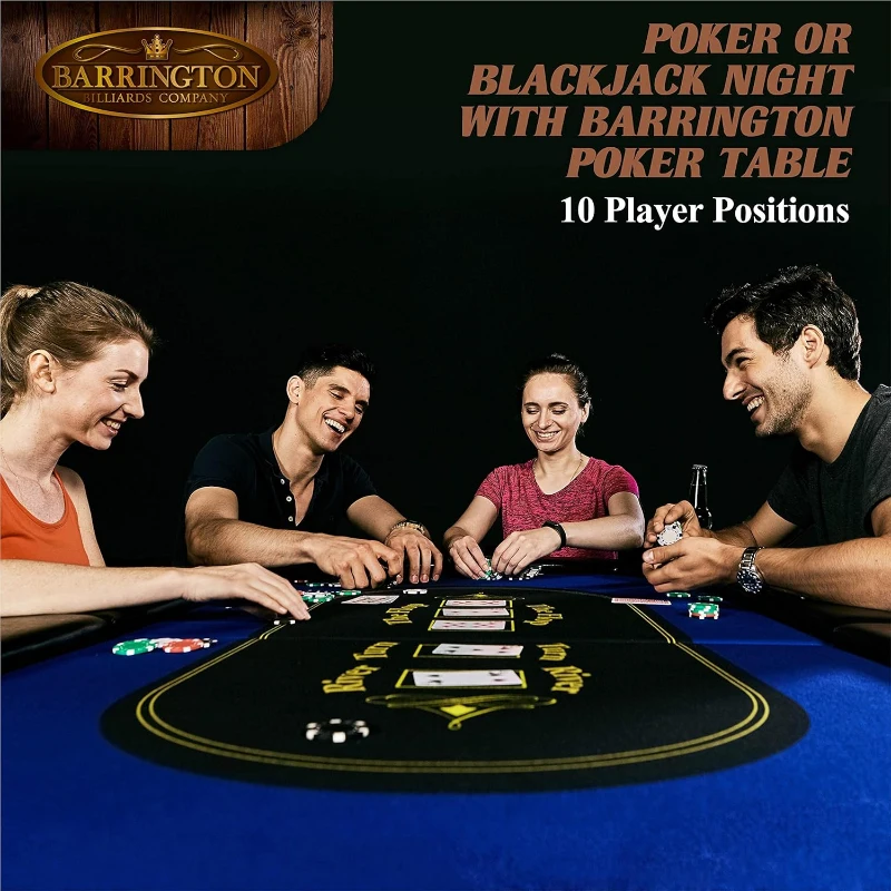 Barrington Folding Poker Table & Table Top Collection — 10-Player Padded-Rail Tables with Blue/Black Felt Texas Hold'em Layout, Foldable Dining & Game Table