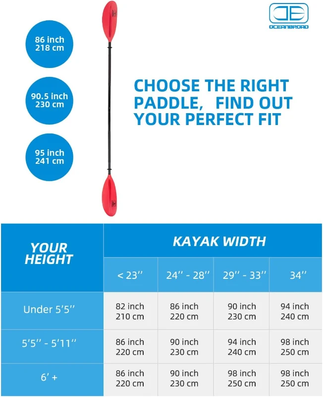 OCEANBROAD Kayak Paddle — 2-Piece Aluminum Shaft with Fiberglass-Reinforced PP Blades, 86/90.5/95 in (218/230/241 cm) with Bungee Leash
