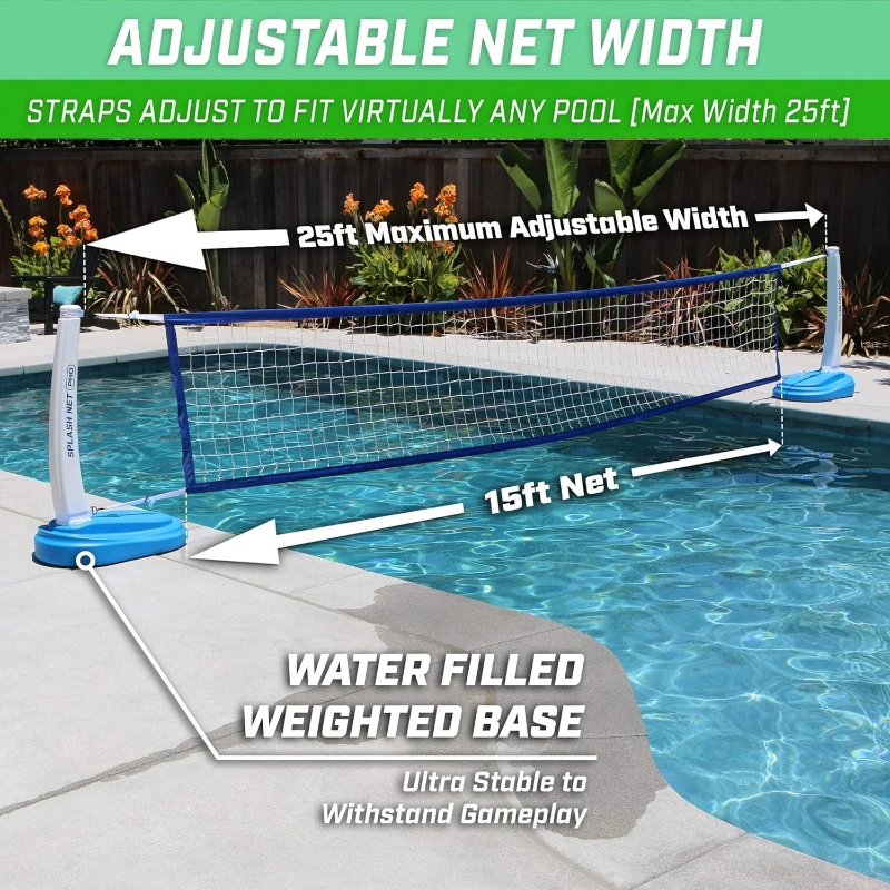 GoSports Splash Net PRO Pool Volleyball Set — Adjustable Inground Pool Net (up to 25 ft) with 2 Water Volleyballs and Pump — Red/White/Blue