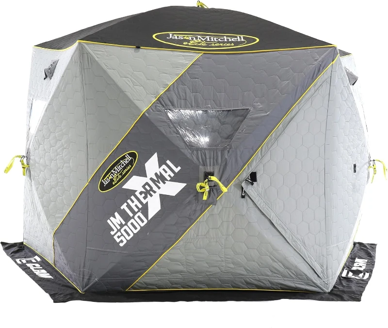 CLAM 14471 Jason Mitchell X5000 9 ft Thermal Hub Shelter - Portable 4-6 Person Ice Fishing Tent with Anchors and Carry Bag