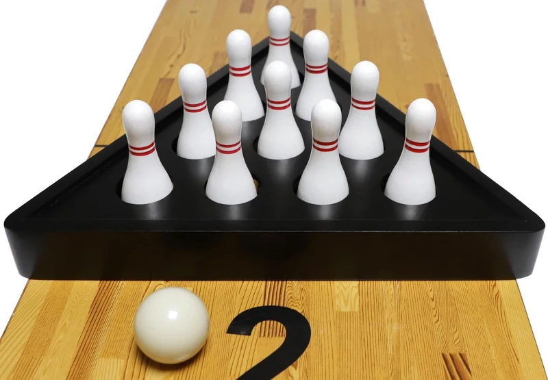 Shuffleboard Bowling Set - 10 Premium Hardwood Pins with Durable Triangular Pinsetter, Resin Bowling Ball and Carry Bag for Shuffleboard Games