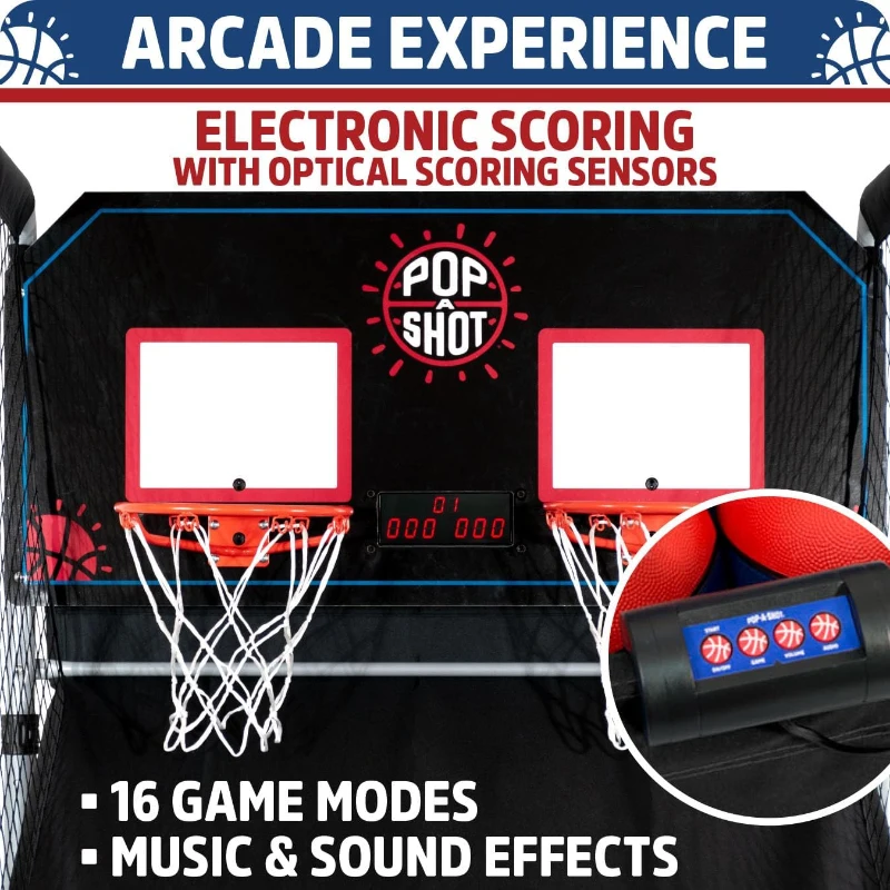 Pop-A-Shot Home Dual Shot Arcade Basketball Game — Sensor Scoring Hoop with 16 Game Modes, 7 Balls, Foldable & Mobile for Easy Storage