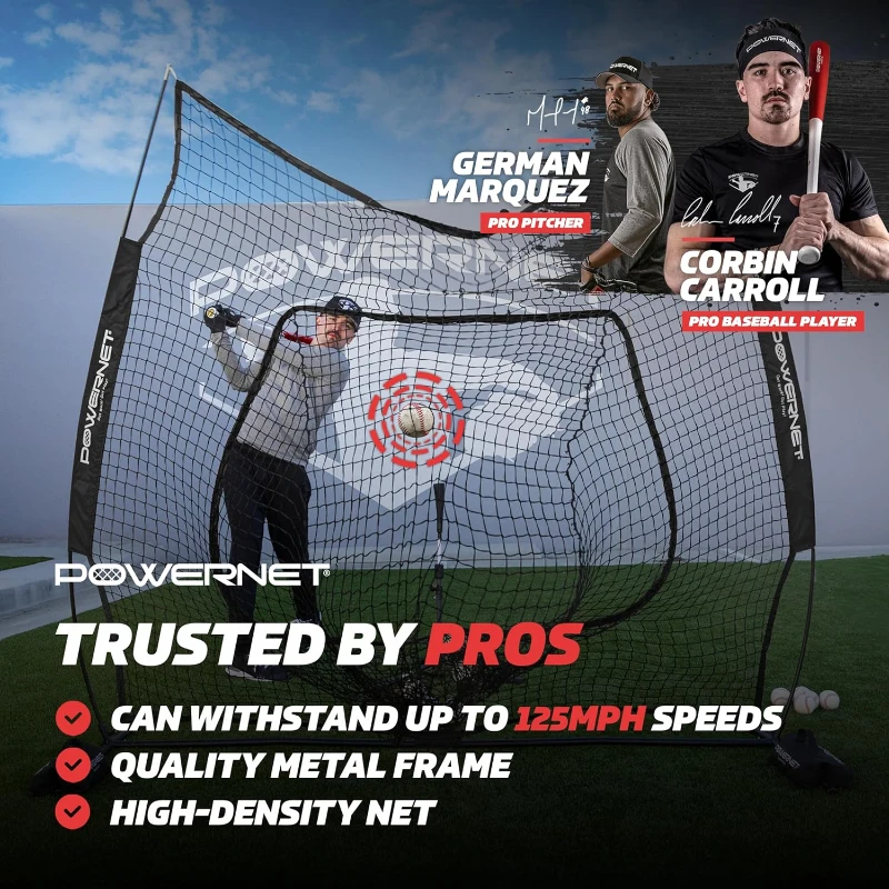 PowerNet 7' x 7' Baseball & Softball Practice Net — Black with Deluxe Adjustable Tee, Carry Bag and Fast Setup
