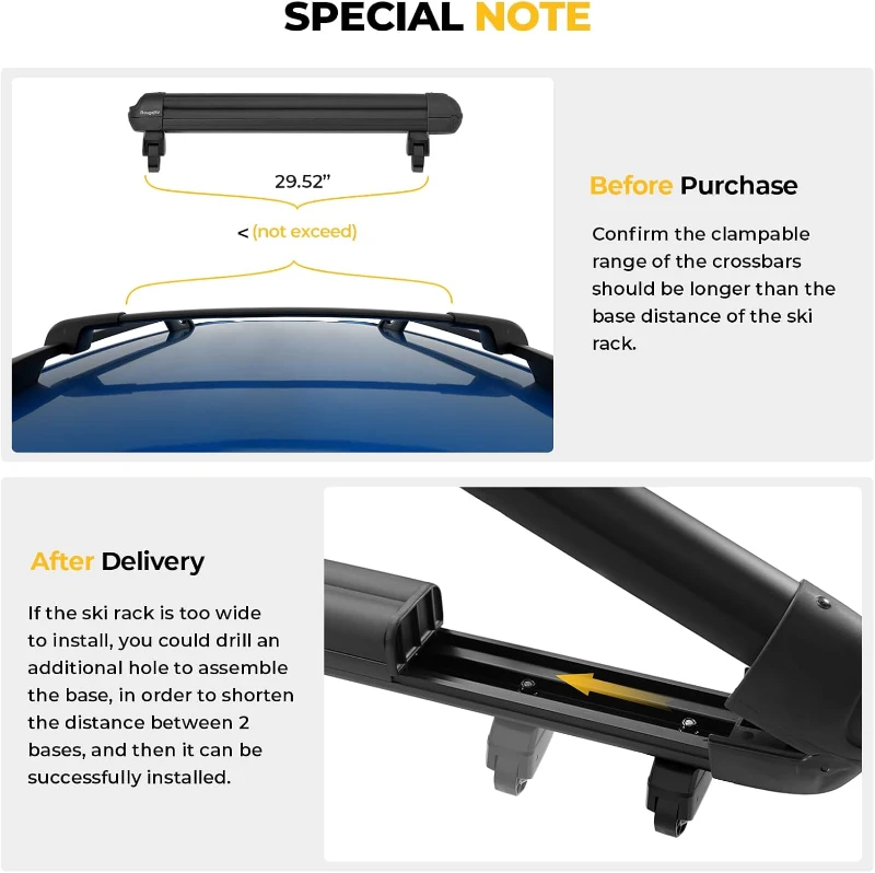 BougeRV Lockable Ski & Snowboard Rack with 28"" Sliding Extension — Crab Mounting System, Fits 6 Pairs of Skis or 4 Snowboards for Square/Aero/Oval Bars