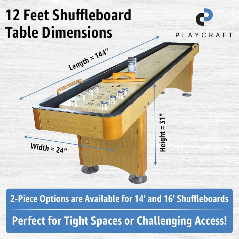 Playcraft Woodbridge Shuffleboard Table, Built-In Storage Cabinet - Full Accessory Kit with Matching Abacus, 8 Deluxe Pucks, Brush & USA Wax - Pro Climate Adjusters (Made in USA)