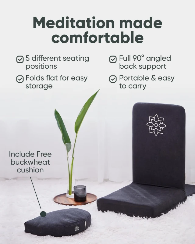 Mindful Modern Folding Pro Meditation Seat - Adjustable Floor Chair with Back Support and Half-Moon Buckwheat Cushion