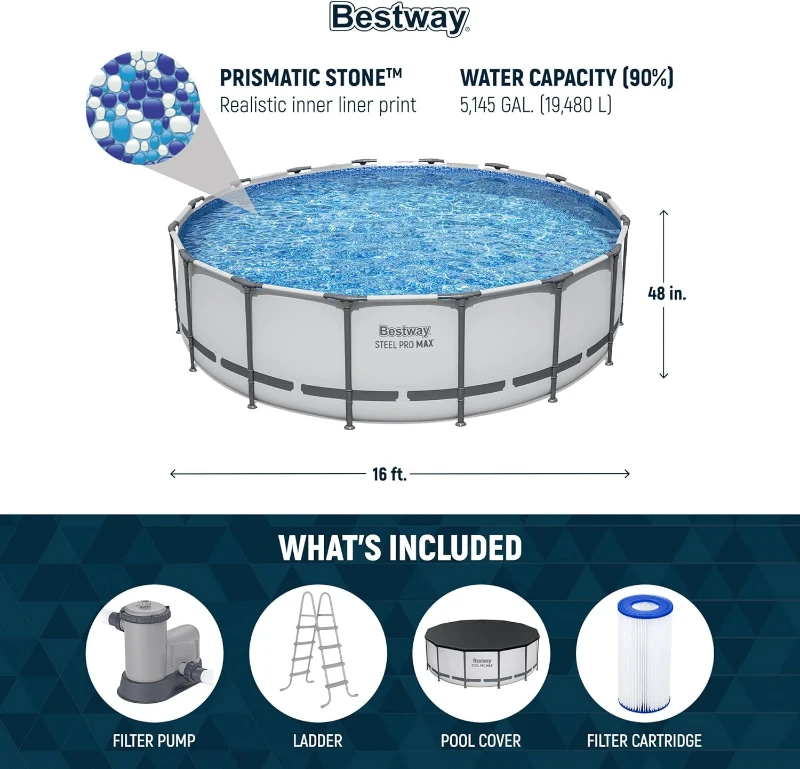 Bestway Steel Pro MAX 16-Foot x 48-Inch Round Above-Ground Pool Set with Metal Frame, 1,000-Flow Filter Pump, Ladder and Cover