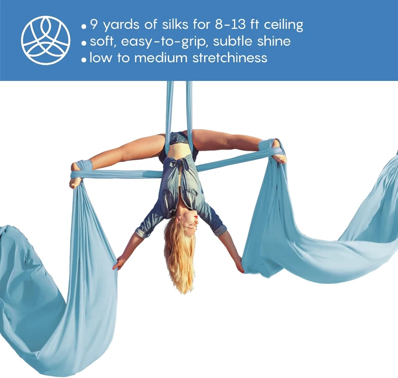 All-In-One Aerial Silks Starter Kit – 9 Yd Tricot Yoga Hammock with Rigging Hardware & Illustrated Guide, Aerial Swing for Flying Yoga and Acrobatics (Rigging Point up to 13 ft)