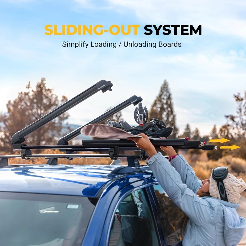 BougeRV Lockable Ski & Snowboard Rack with 28"" Sliding Extension — Crab Mounting System, Fits 6 Pairs of Skis or 4 Snowboards for Square/Aero/Oval Bars