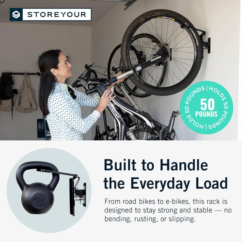 StoreYourBoard 120° Swivel Wall Bike Rack — Vertical Garage Mount with Adjustable Stopper, Space-Saving Hanger for Kids Bikes, BMX & More