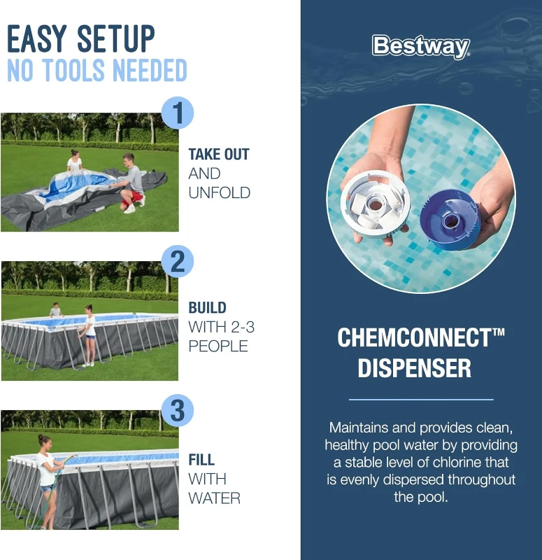 Bestway Power Steel 31 ft 4 in x 16 ft x 52 in Rectangular Metal Frame Above-Ground Pool Kit with 2,200 GPH Sand Filter, Ladder and Cover - Grey