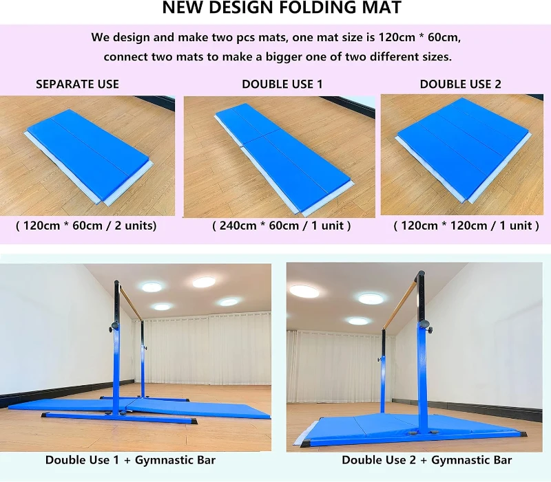 MARFULA 5FT/4FT Gymnastic Kip Bar Set with Mat — 4 ft Inner Width, Adjustable 36–60 in, Professional Home & Club Training