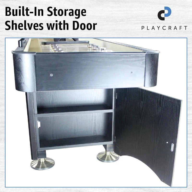 Playcraft Woodbridge Shuffleboard with Storage Cabinet — Complete Set (Abacus, 8 Pucks, Brush & USA Speed Wax) — Robust Pro Climate Adjusters