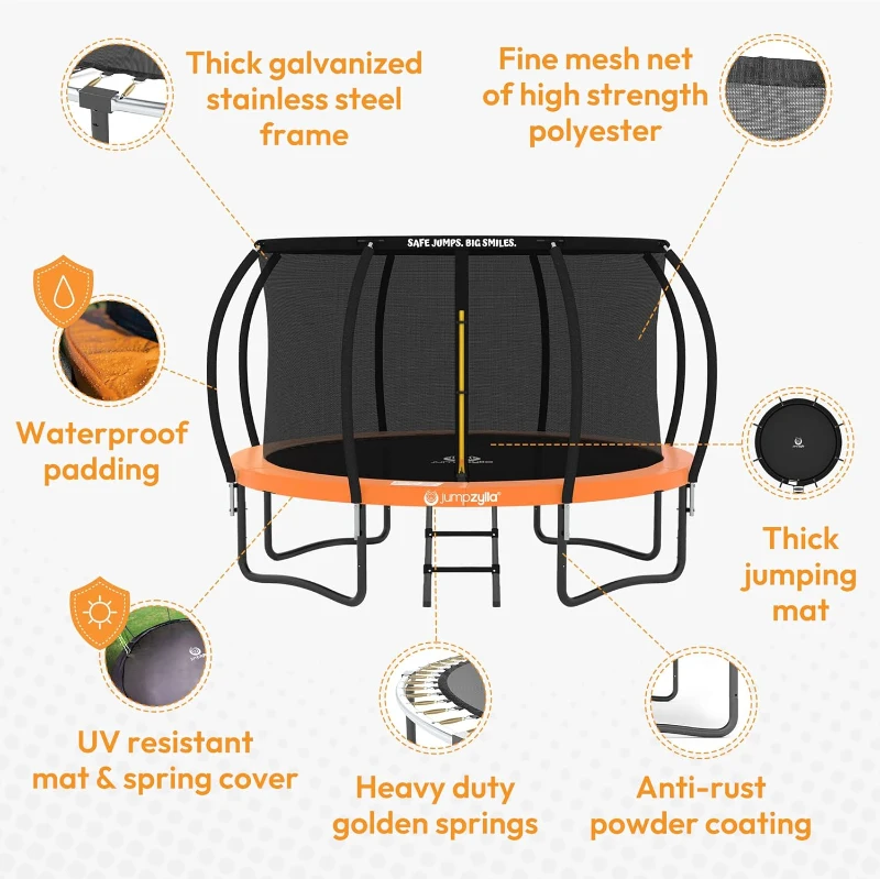JUMPZYLLA 8FT–16FT Outdoor Trampoline with Enclosure & Ladder, ASTM F381-16 Approved for Kids and Adults, Rust-Resistant Frame