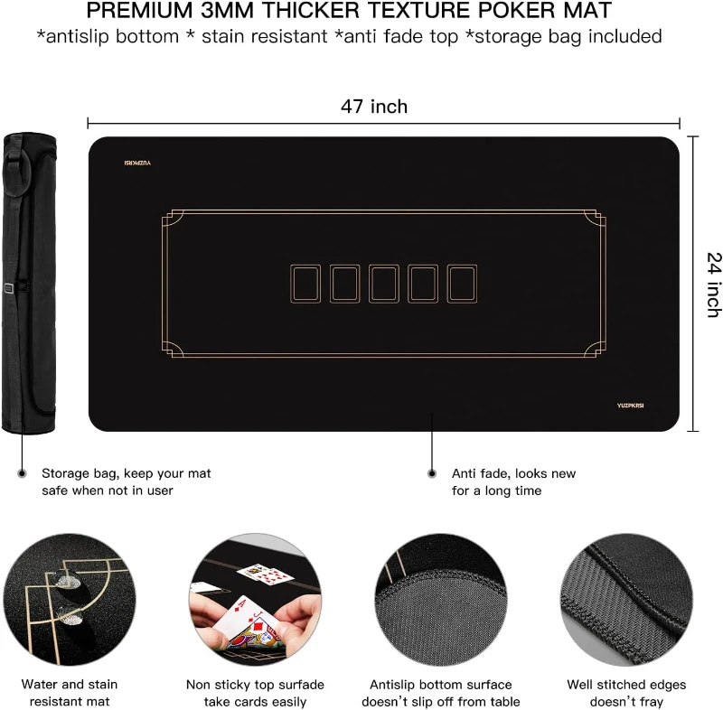 YUZPKRSI 47 x 24 Inch Texas Hold'em Poker Mat — 6-Player Water-Repellent Rubber Table Topper with Thick Carrying Bag