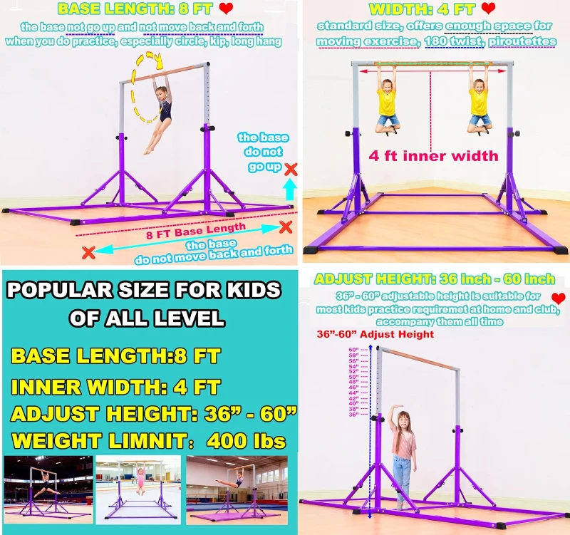 Marfula Foldable Gymnastics Kip Bar for Kids & Teens (Ages 3-25) - 5Ft/8Ft Base, 4Ft Width, 5Ft Adjustable Height - Professional Training Equipment for Home & Club