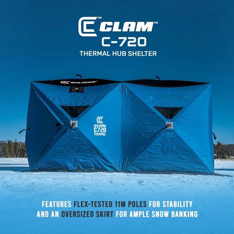 CLAM Double-Hub Portable Ice Fishing Thermal Shelter with Anchors, Tie Ropes and Carry Bag