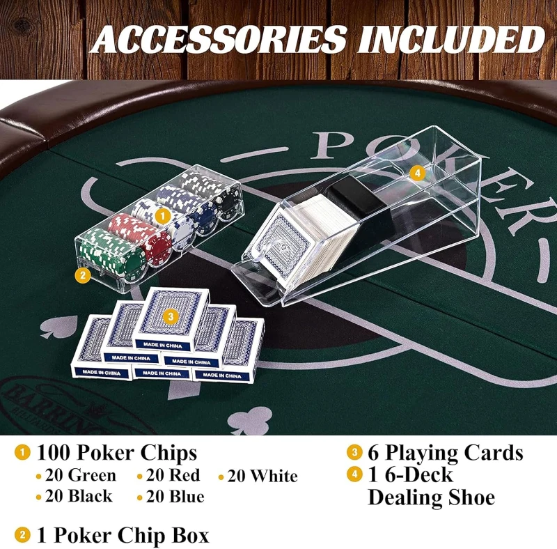 Barrington Round Portable Poker Table for 6 — Dark Green Velvet Play Surface, Faux-Leather Rails, Includes Chips, Cards and Dealing Shoe