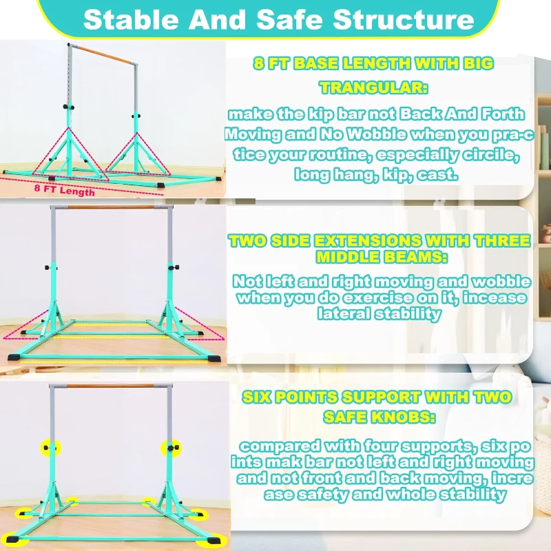 Marfula Portable Gymnastics Kip Bar for Children & Teenagers (Ages 3-25) - 5Ft/8Ft Base Length, 4Ft Width, 5Ft Adjustable - Club & Home Training