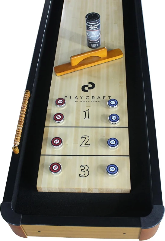 Playcraft Woodbridge Shuffleboard Table, Built-In Storage Cabinet - Full Accessory Kit with Matching Abacus, 8 Deluxe Pucks, Brush & USA Wax - Pro Climate Adjusters (Made in USA)